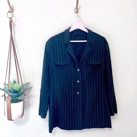 Escada Vintage Black and White Pinstripe Padded Shoulder Blazer Size L - Picture 2 of 7